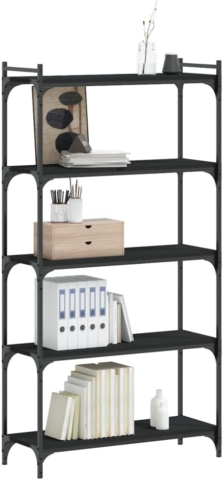 5-Tier Industrial Bookcase, Black Engineered Wood Bookshelf with Metal Frame, Adjustable Shelves for Living Room Office Storage, 31.5' Wide