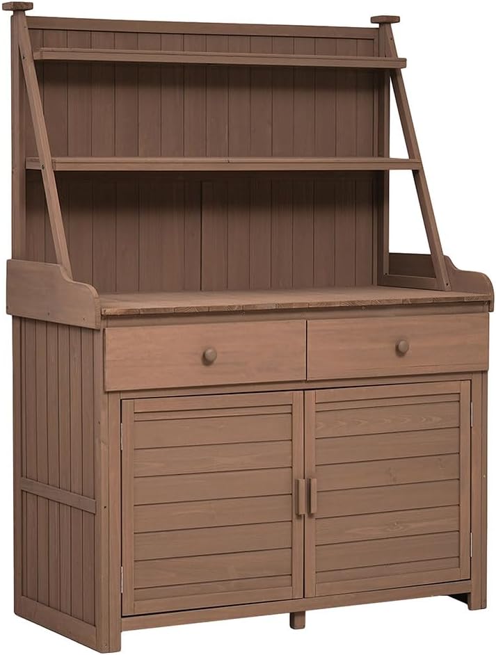 Outdoor Potting Bench, 65' Garden Potting Bench Table Work Bench with Storage Cabinet Shelf and Drawer, Large Horticulture Work Table Workstation for Patio/Lawn/Garden,Brown