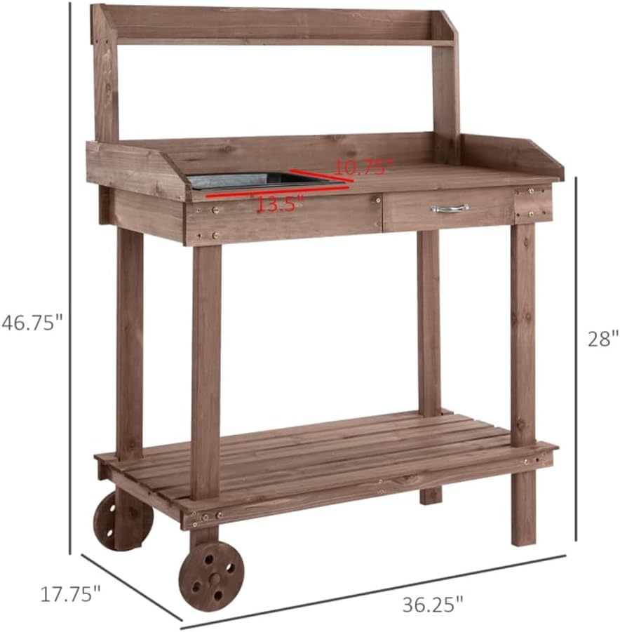 Planting Work Bench, Outdoor Potting Bench, Outdoor Garden Workbench with Shelf, Planting Table for Outdoor Gardening Work Benches for Outside Potters Station, Outdoor Potting Bench Table with Wheels