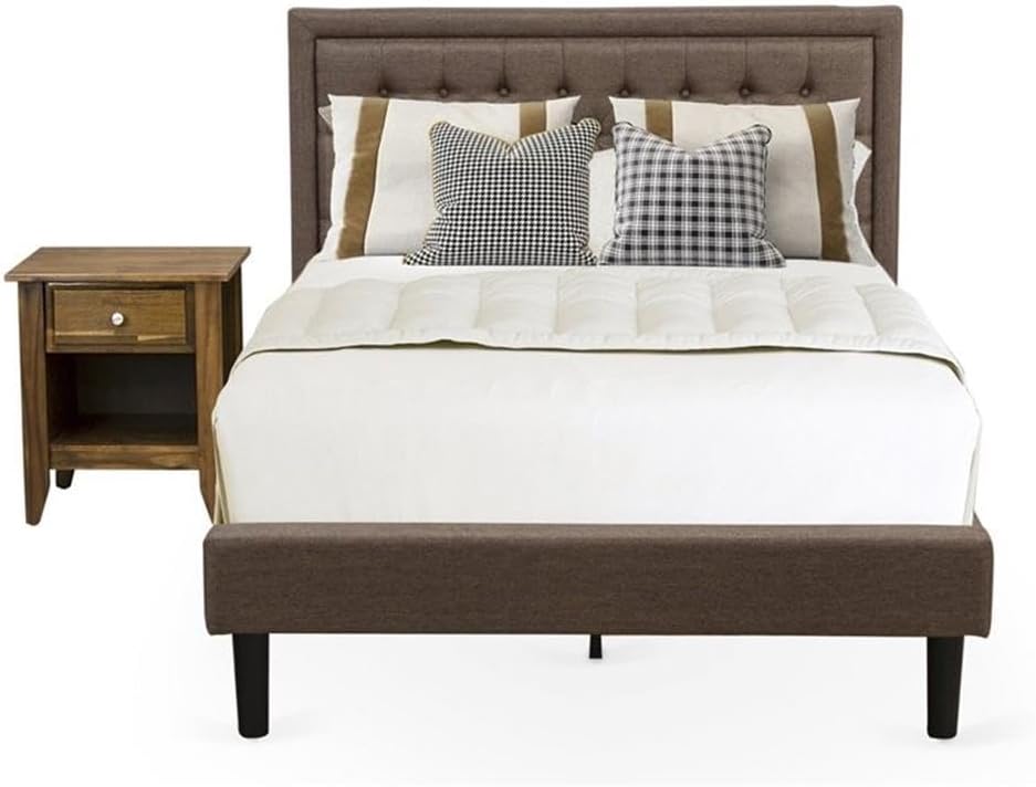 East West Furniture KD18F-1GA08 2 Piece Bedroom Set - 1 Full Bedframe Brown Linen Fabric Padded and Button Tufted Headboard with 1 Nightstand - Antique Walnut Finish Nightstand