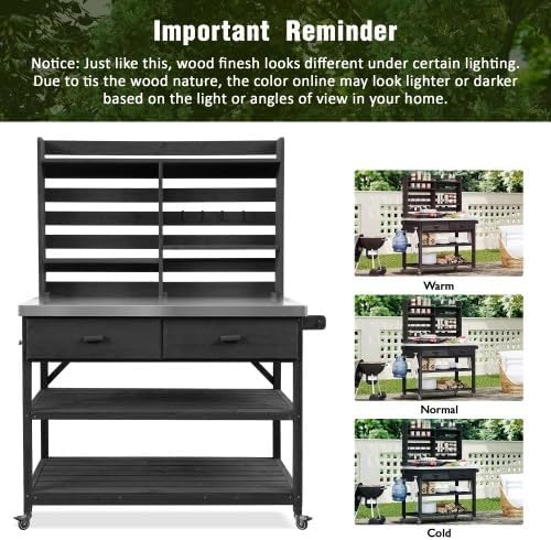 64.9-Inch Tall Outdoor Potting Bench with Lockable Wheels & Upper Hutch | Solid Wood Garden Workstation with Stainless Steel Top and Towel Rack | Mobile Storage for Grilling and Lawn Care (Black)