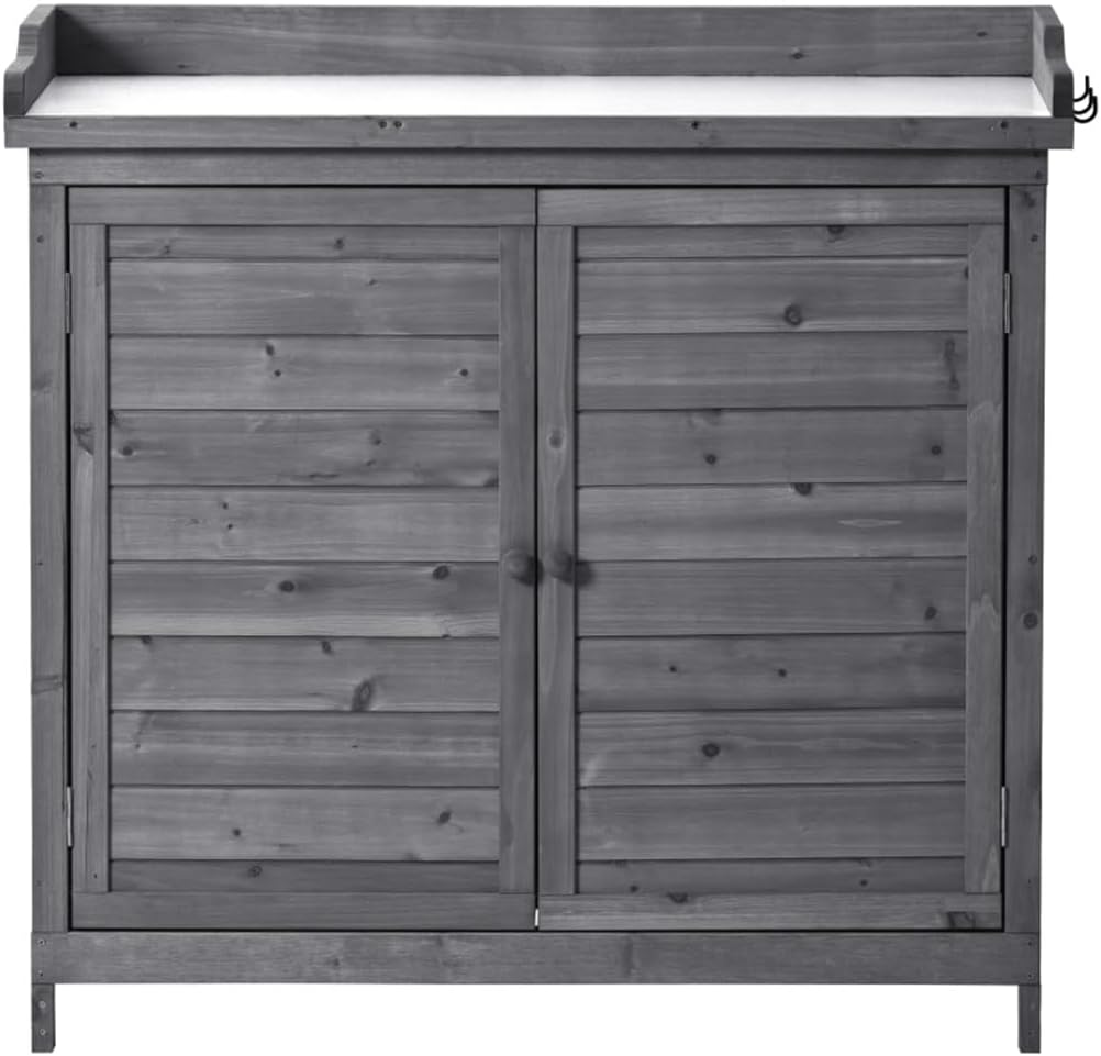 Outdoor 39' Potting Bench Table, Workstation Storage Cabinet Garden Shed with 2-Tier Shelves and Side Hook, Tool