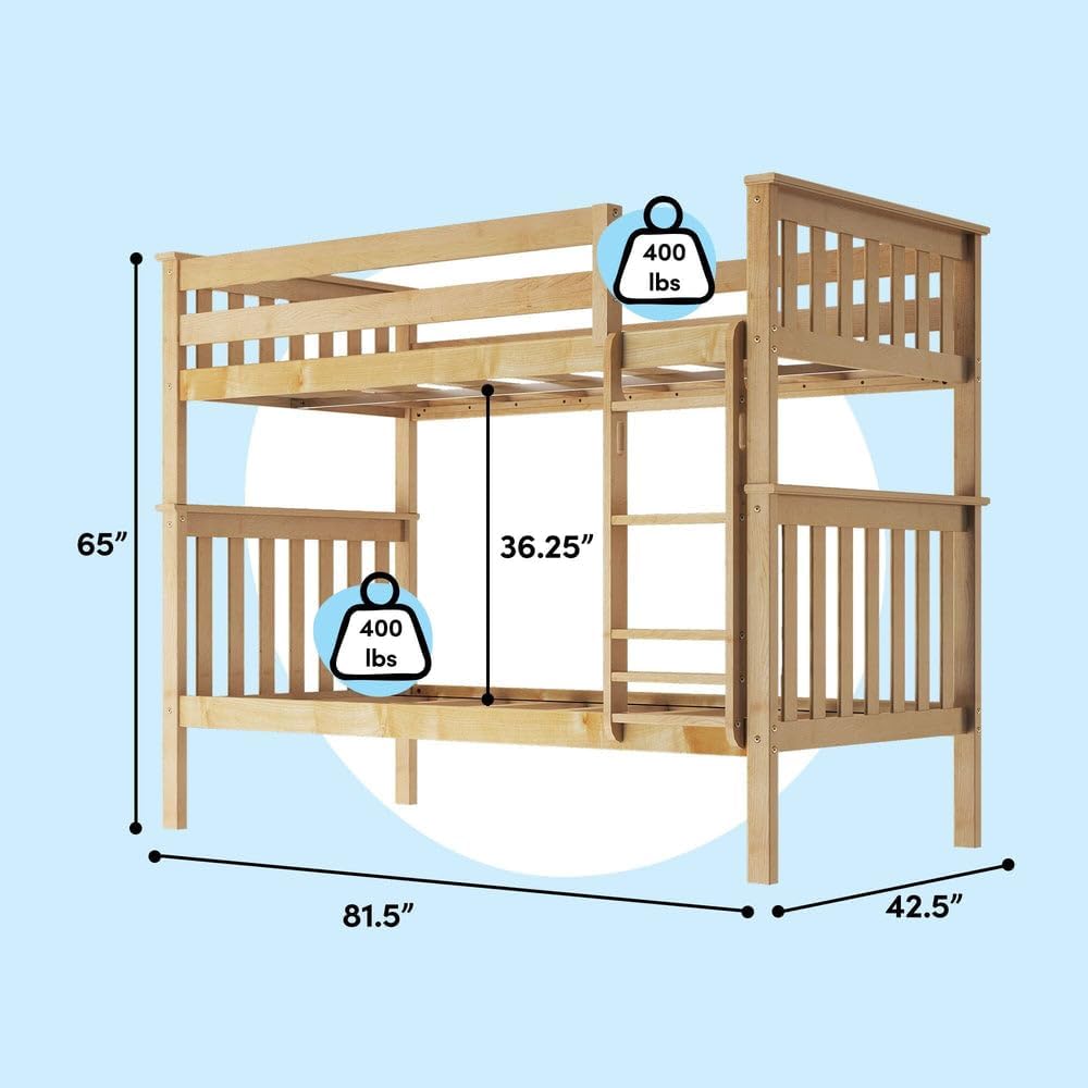 Max & Lily Bunk Bed Twin over Twin, Solid Wood Bunk Bed Frame with Ladder for Kids, 14' Safety Guardrails, Easy Assembly, No Box Spring Needed, Natural