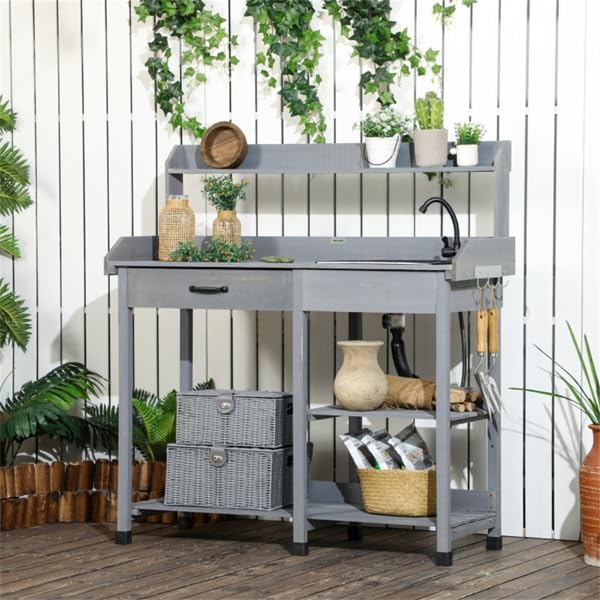 Outdoor Garden Work Bench with Sink and Storage – Potting Table with Drawer, Shelves, Hooks, and Waterproof Fir Wood for Gardening (Gray, Large)
