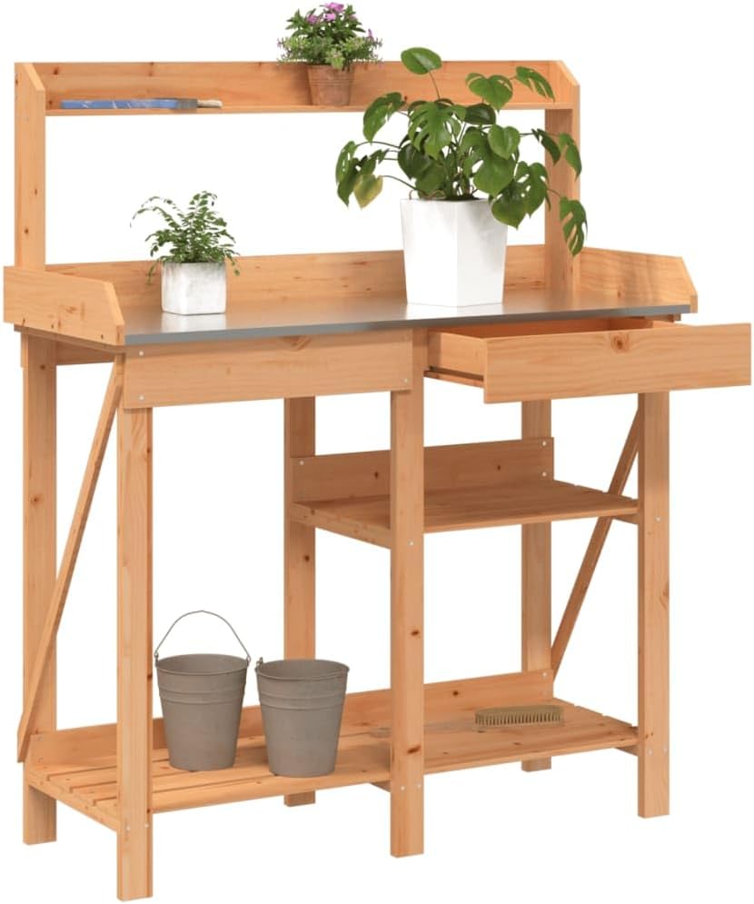 Potting Bench Work Station Potting Bench with Shelves Brown Solid Wood Fir,Wooden Planting Potting Bench Work Station with Hooks and Shelves