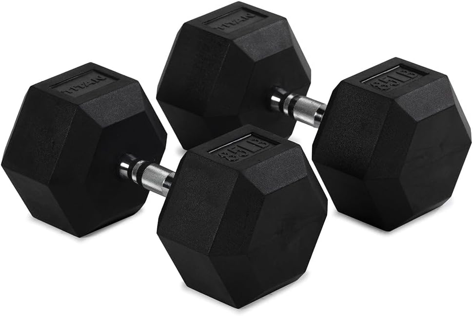 Titan Fitness Pair Rubber Coated Hex Dumbbells, Roll-Resistant Hexagonal Free Weights, Chrome-Coated Handles with Knurling, Strength Training Equipment