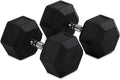 Titan Fitness Pair Rubber Coated Hex Dumbbells, Roll-Resistant Hexagonal Free Weights, Chrome-Coated Handles with Knurling, Strength Training Equipment