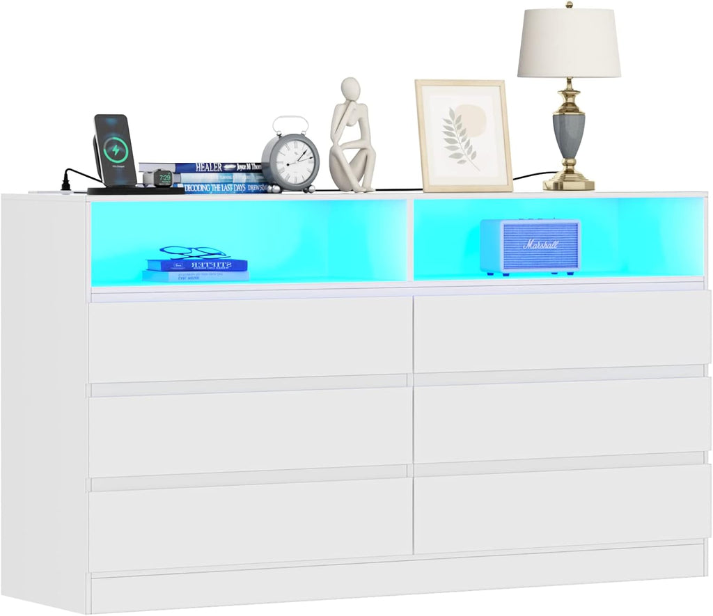 Loomie 6 Drawers Dresser, White Accent Chests of Drawers with Power Outlet and LED Light for Bedroom Living Romm
