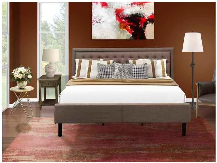 HomeStock Renaissance Rhapsody 2 Piece King Bedroom Set 1 Bed Frame Brown Linen Fabric Padded and Button Tufted Headboard 1 Mid Century Nightstand with Wood Drawer Black Finish Legs
