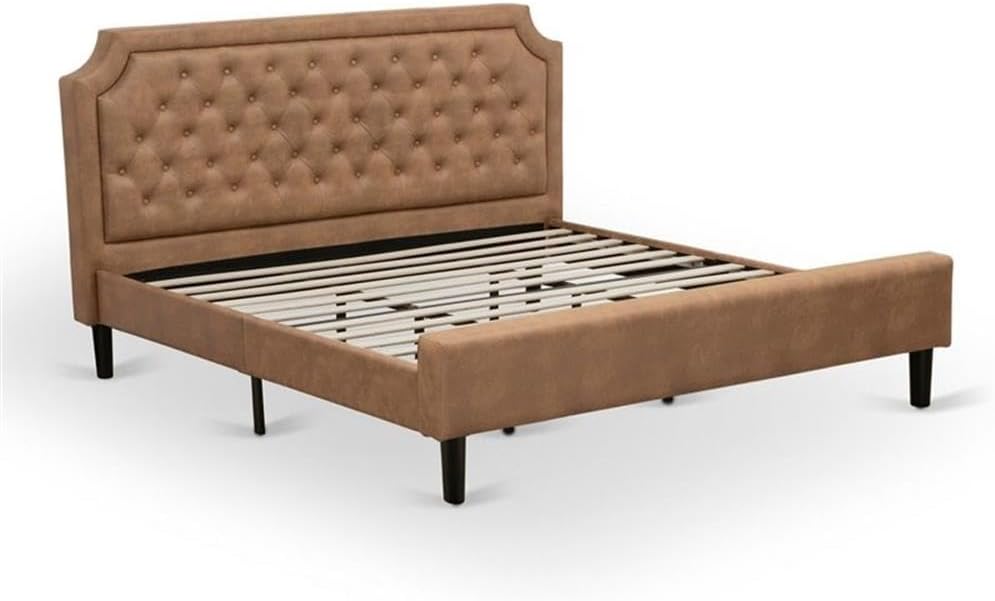 East West Furniture GB28K-1VL07 2-Pc Platform Wooden Set for Bedroom with Button Tufted Bed and 1 Distressed Jacobean Mid Century Nightstand - Brown faux Leather with Brown Texture and Black Legs