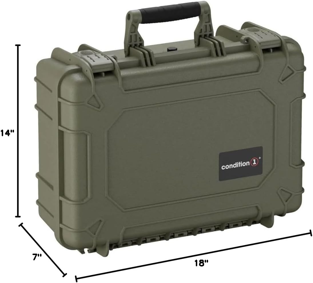 Condition 1 18' Medium Waterproof Hard Case with Foam, Model 801, Portable Protective Storage Box for Travel, Tactical Gear, Made in USA, 18.36'x13.70'x 7.03' Green
