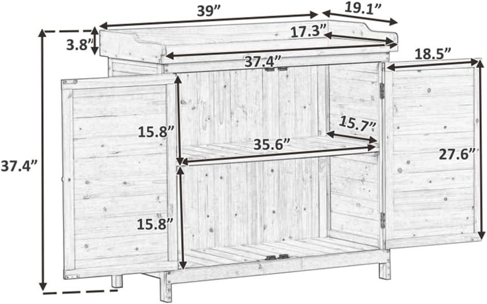 Outdoor 39' Potting Bench Table, Workstation Storage Cabinet Garden Shed with 2-Tier Shelves and Side Hook, Tool