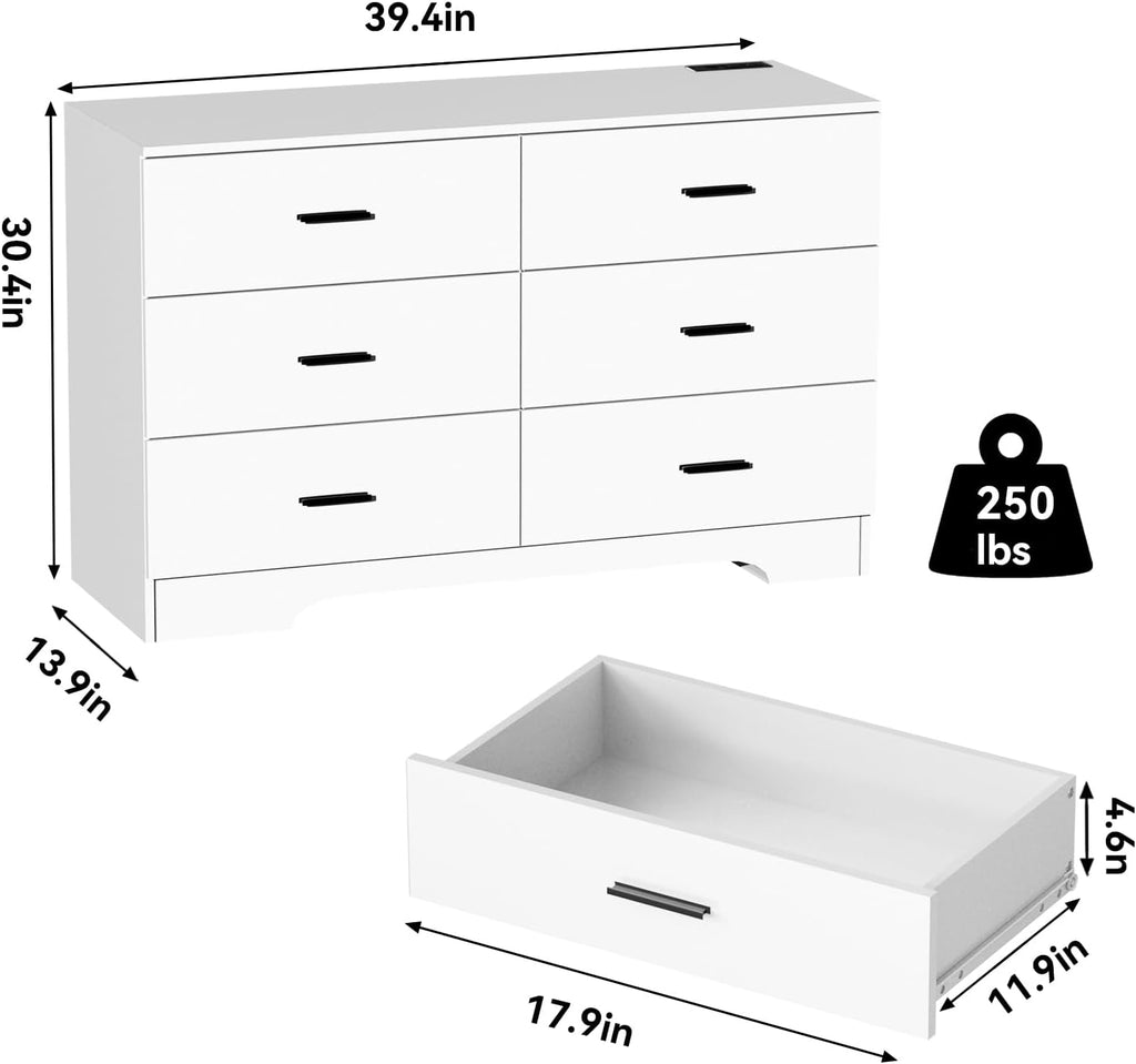 FJTJBSI Dresser with Power Outlets Wooden 6 Drawer Dresser with USB and Type C Port Chest of Drawers for Bedroom Tall White Storage Organizer for Living Room Hallway Closet