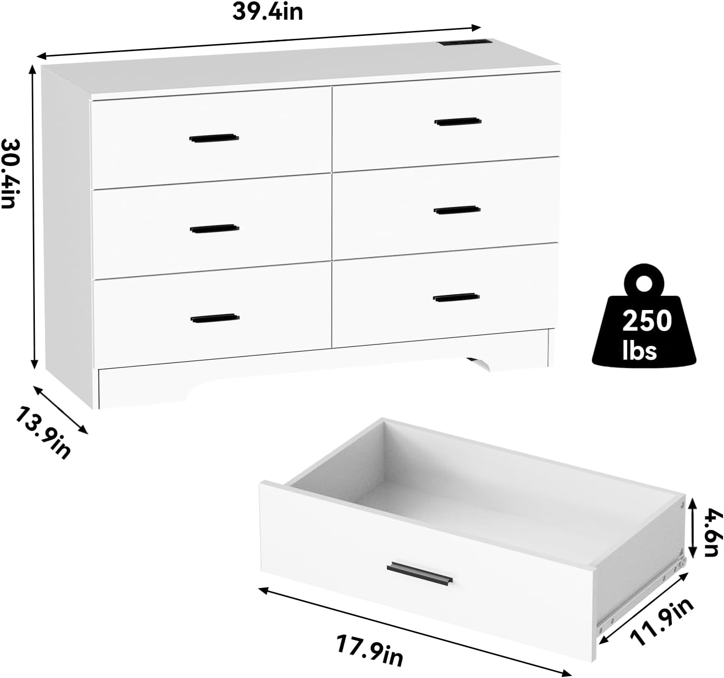 FJTJBSI Dresser with Power Outlets Wooden 6 Drawer Dresser with USB and Type C Port Chest of Drawers for Bedroom Tall White Storage Organizer for Living Room Hallway Closet