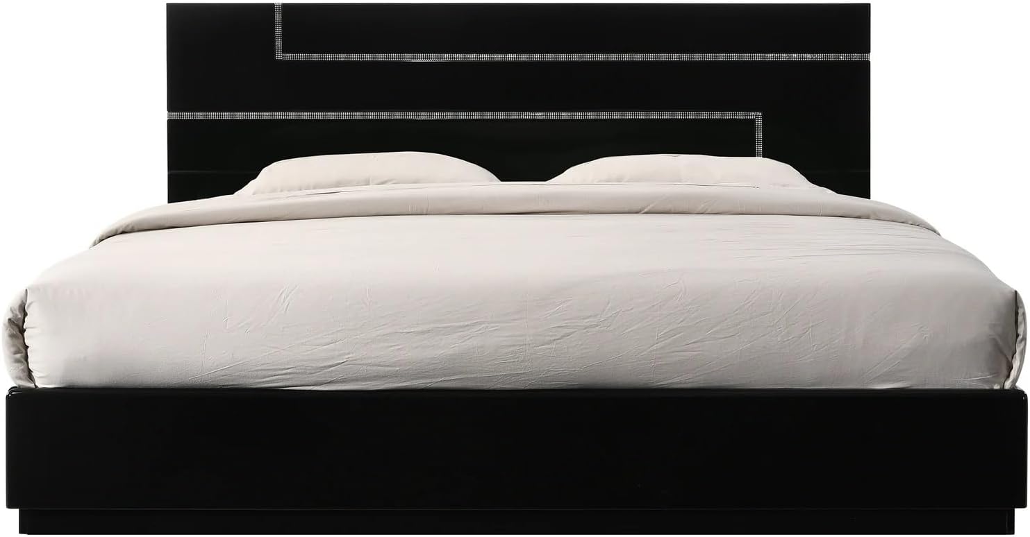 Black Lacquer 3-Piece Modern Bedroom Set - California King Size | Chrome Finish Base, High Gloss Finish Wood Bed Set
