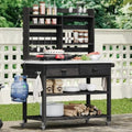 64.9-Inch Tall Outdoor Potting Bench with Lockable Wheels & Upper Hutch | Solid Wood Garden Workstation with Stainless Steel Top and Towel Rack | Mobile Storage for Grilling and Lawn Care (Black)