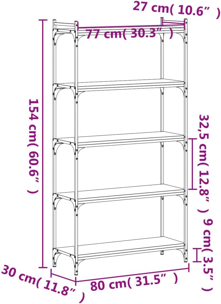 5-Tier Industrial Bookcase, Black Engineered Wood Bookshelf with Metal Frame, Adjustable Shelves for Living Room Office Storage, 31.5' Wide
