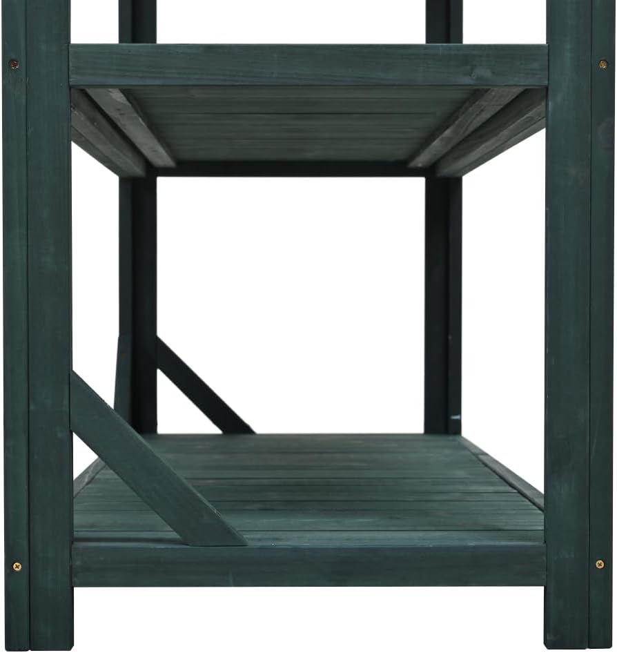 Rustic Wooden Garden Potting Bench with Storage Shelves and Side Hook for Outdoor Patio Workstation and Planting Tasks (Green + Solid Wood + Wood-1)