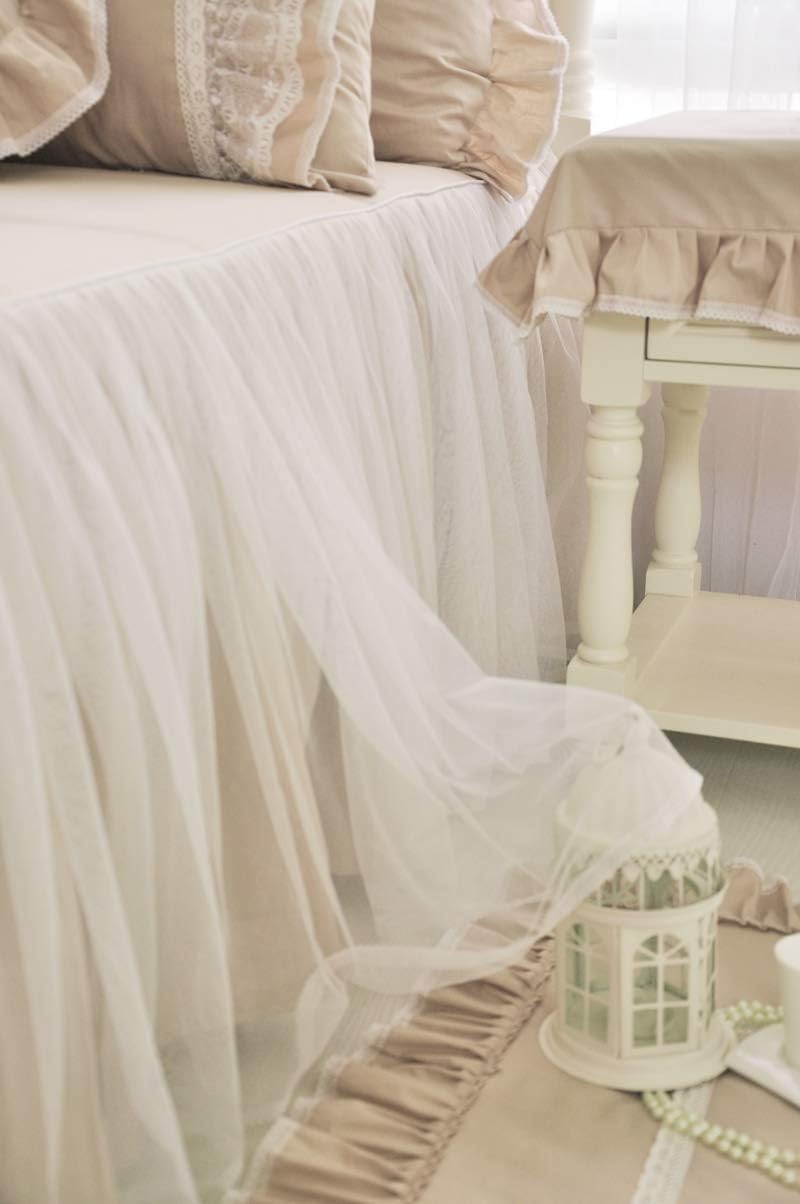 LELVA Chic Wrinkle Girls Bedding Solid Color Shabby Ruffle Duvet Cover Set Full Cotton 4 Piece Romantic Lace Design Bed Skirt Khaki