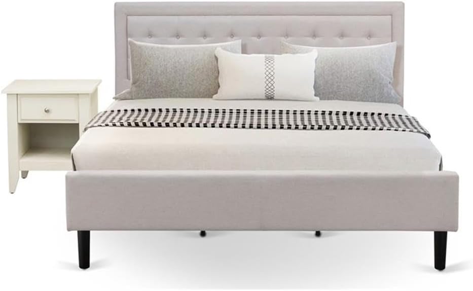East West Furniture FN08K-1GA0C 2-Piece Platform King Bedroom Set with 1 Bed and Wire Brushed Butter Cream End Table - Reliable and Sturdy Manufacturing - Mist Beige Linen Fabric Bed
