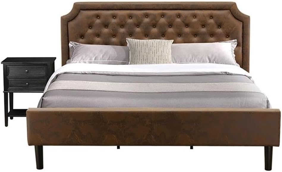 East West Furniture GB25K-1VL06 2-Piece Granbury King Bedroom Furniture set with Button Tufted King Bed and 1 Modern End Table - Dark Brown faux Leather, Wire Brushed Black Finish