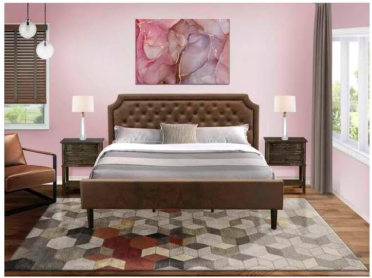HomeStock Modern Motifs 3 Piece King Size Bedroom Set with a Platform Bed and 2 Distressed Jacobean Bedroom Nightstand Dark Brown Faux Leather with Black Texture and Black Legs