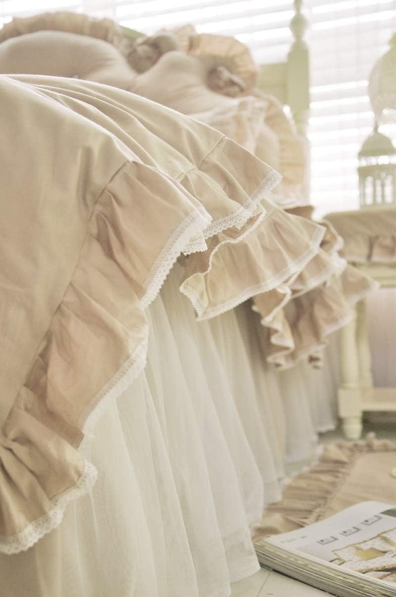 LELVA Chic Wrinkle Girls Bedding Solid Color Shabby Ruffle Duvet Cover Set Full Cotton 4 Piece Romantic Lace Design Bed Skirt Khaki
