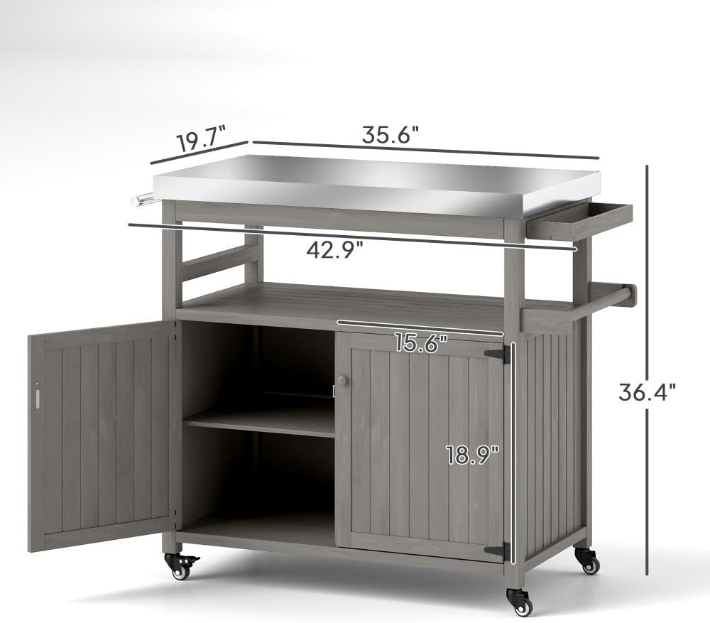 Outdoor Grill Table with Stainless Steel Top, Solid Wood Kitchen Island with Wheels, Spice Rack and Towel Holder, Outdoor Serving Cart Potting Table for Patio, BBQ, Kitchen, Grey