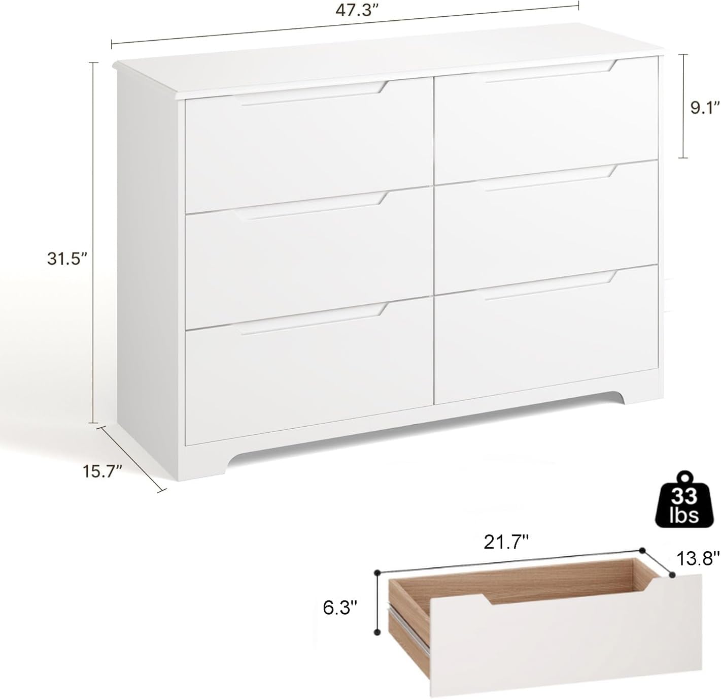 Gizoon 6 Drawer Double Dresser for Bedroom with Anti-Tip Design, Modern Wide Wooden Chest of Drawers with Cut-Out Handles, Closet Storage Organizer and TV Stand for Living Room, Hallway, Entryway
