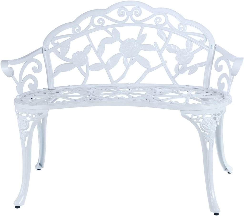 YKSY&YKSY Patio Garden Bench Metal Park Bench Cast Aluminum Outdoor Furniture with Floral Rose for Patio,Park,Lawn,Yard (White)
