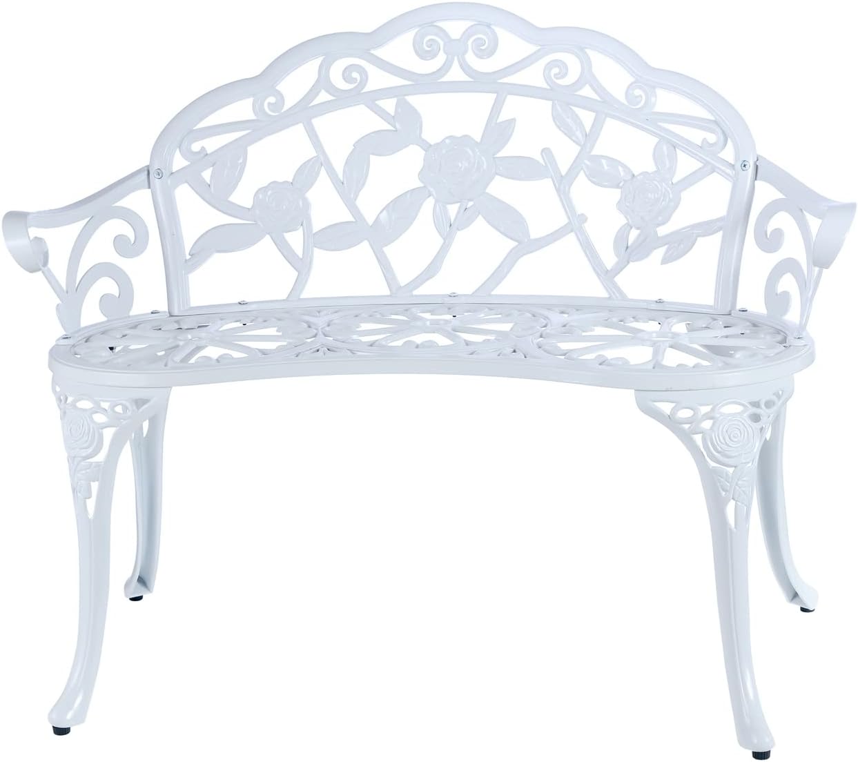 YKSY&YKSY Patio Garden Bench Metal Park Bench Cast Aluminum Outdoor Furniture with Floral Rose for Patio,Park,Lawn,Yard (White)
