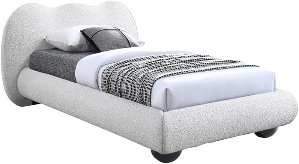 Meridian Furniture HydeCream-T Hyde Collection Modern | Contemporary Twin Bed with Rich Cream Boucle Fabric, Both Natural and Black Finish Solid Wood Legs, 54.5' W x 85.5' D x 35.75' H, Cream, Twin
