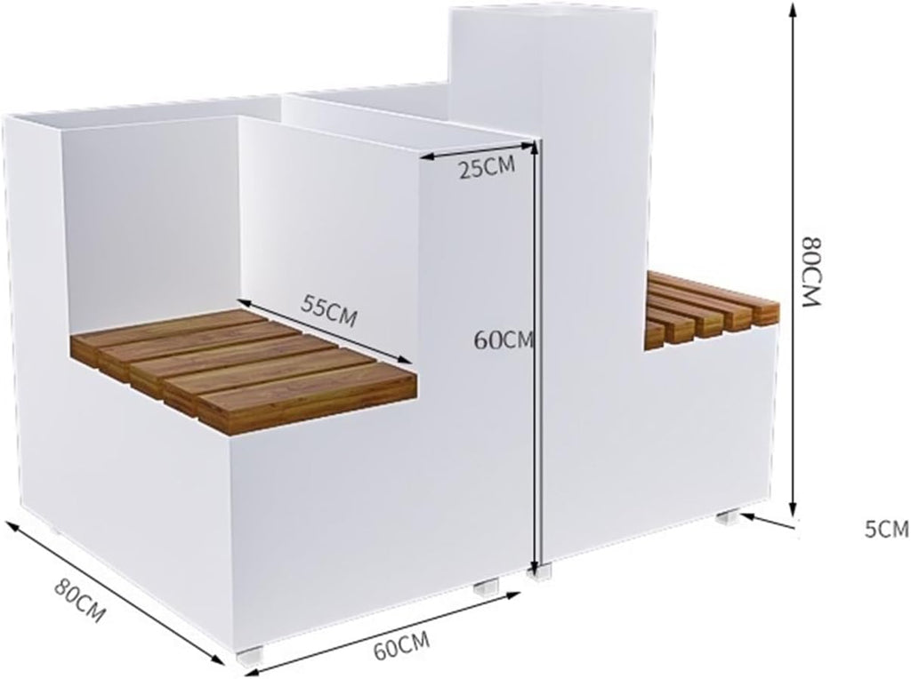 Bench with Planter Box, White Commercial Metal Flower Box Combination Iron Flower Box with 2 Anti-corrosion Wooden Benches, L 80cm*D 60cm*H 70cm Garden Bench