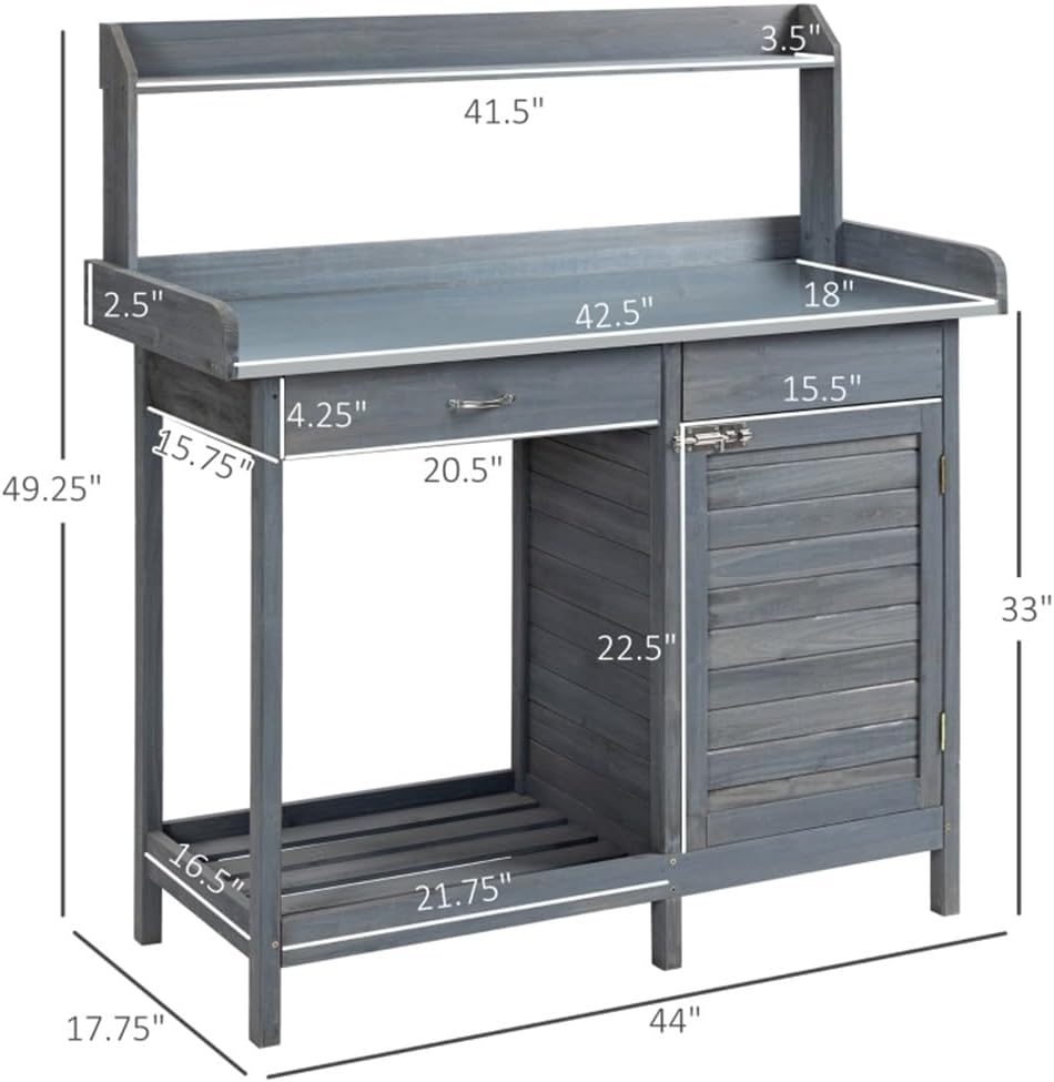 Garden Potting Bench Table with Lockable Storage Cabinet and Shelf, Outdoor Planting Workstation with Steel Tabletop
