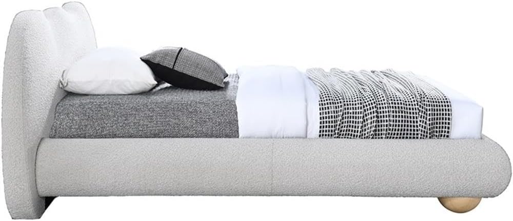 Meridian Furniture HydeCream-T Hyde Collection Modern | Contemporary Twin Bed with Rich Cream Boucle Fabric, Both Natural and Black Finish Solid Wood Legs, 54.5' W x 85.5' D x 35.75' H, Cream, Twin