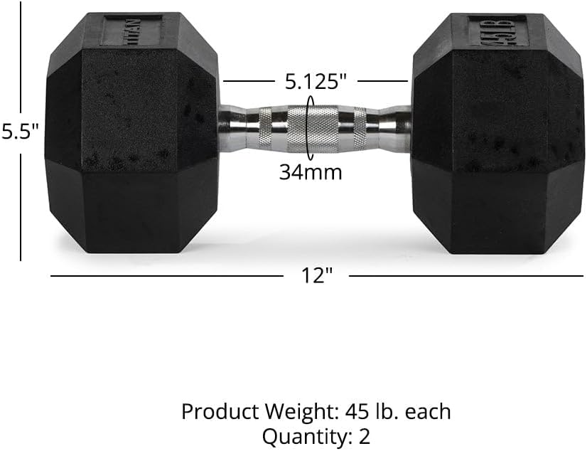 Titan Fitness Pair Rubber Coated Hex Dumbbells, Roll-Resistant Hexagonal Free Weights, Chrome-Coated Handles with Knurling, Strength Training Equipment