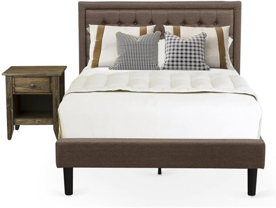 East West Furniture KD18F-1GA07 2 Piece Wood Bedroom Set - 1 Platform Bed Brown Linen Fabric Padded and Button Tufted Headboard with 1 Wooden Night Stand - Distressed Jacobean Finish Nightstand