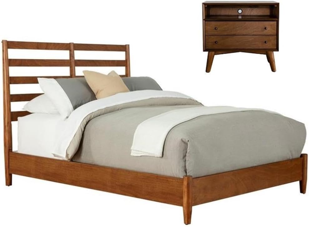 Home Square 2 Piece Set with Full Wood Bed and 2-Drawer Nightstand in Acorn