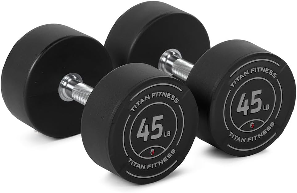 Titan Fitness Round Urethane Dumbbells, Medium Volcano Knurling, 33mm Grip, Easy-to-Read Weight Indicators, Free Weights for Strength Training