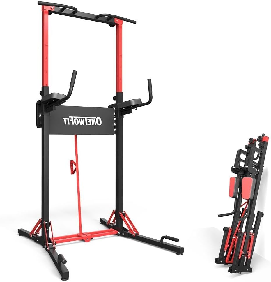 ONETWOFIT Foldable Power Tower Pull Up Bar Station, Multi-Function Adjustable Height Pull Up Dip Station for Gym Workout, Strength Training Fitness Equipment, Pull Up Stand Pro 400LBS/Pro Max 600LBS