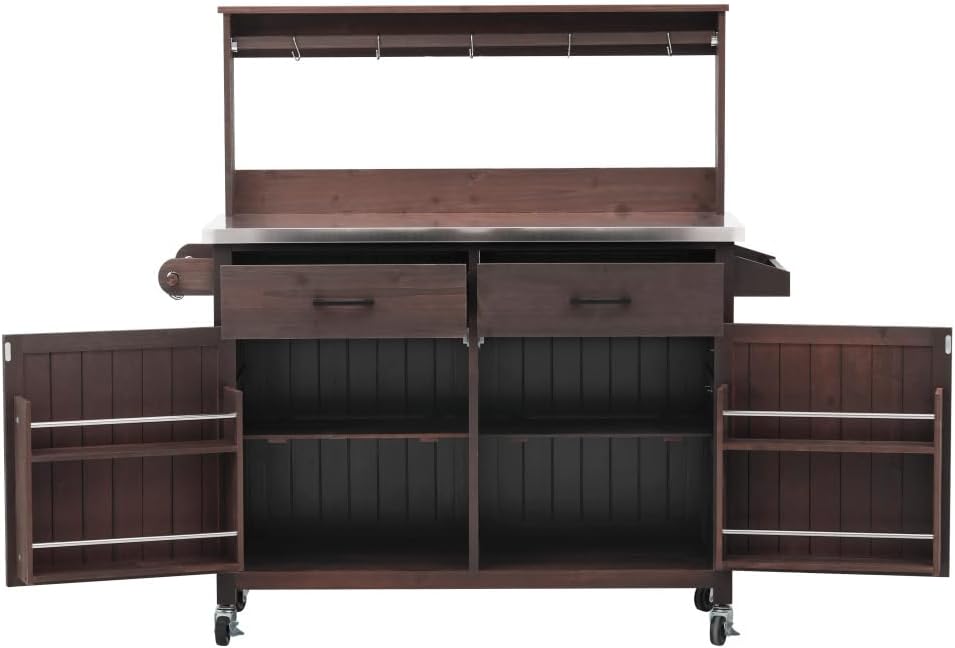54.1' Outdoor Kitchen Island with High Shelf, Large Outdoor Garden Potting Bench Table with Stainless Steel Top and Storage Cabinet, Solid Wood Grill Cart With Lockable Wheels for BBQ (Brown)