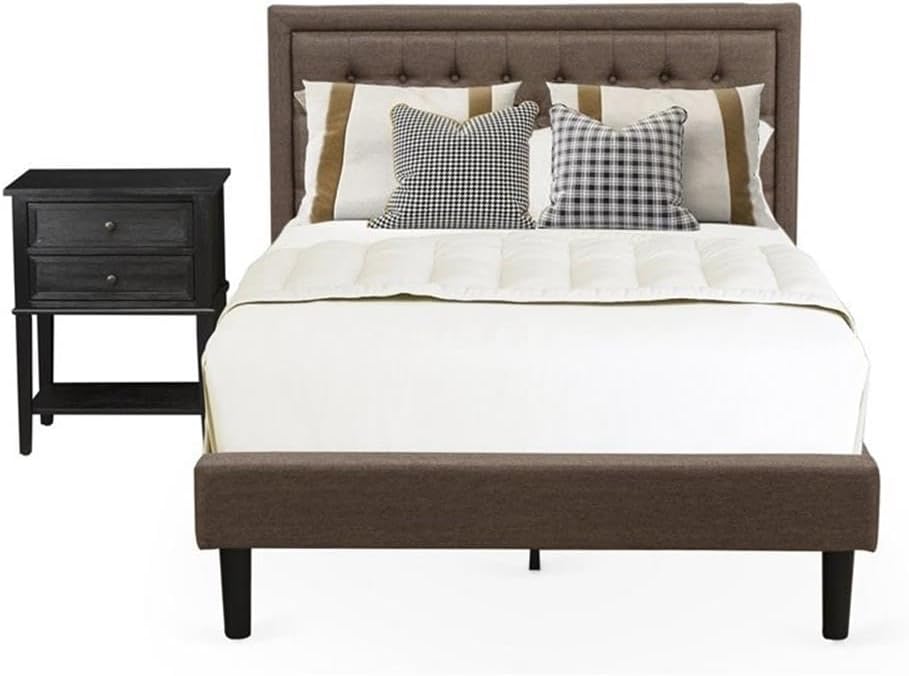 East West Furniture KD18F-1VL06 2 Piece Bedroom Set - 1 Wood Bed Frame Brown Linen Fabric Padded and Button Tufted Headboard with 1 Mid Century Nightstand - Wire Brushed Black Finish Nightstand