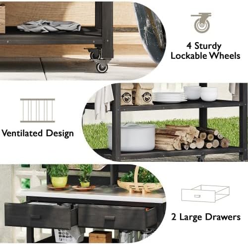 64.9-Inch Tall Outdoor Potting Bench with Lockable Wheels & Upper Hutch | Solid Wood Garden Workstation with Stainless Steel Top and Towel Rack | Mobile Storage for Grilling and Lawn Care (Black)