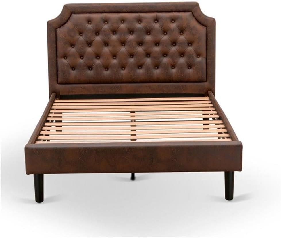 East West Furniture GB25F-1GA08 2-Piece Granbury Full Size Bed Set with Button Tufted Platform Bed and an Antique Walnut Night Stand - Dark Brown Faux Leather with Black Texture and Black Legs
