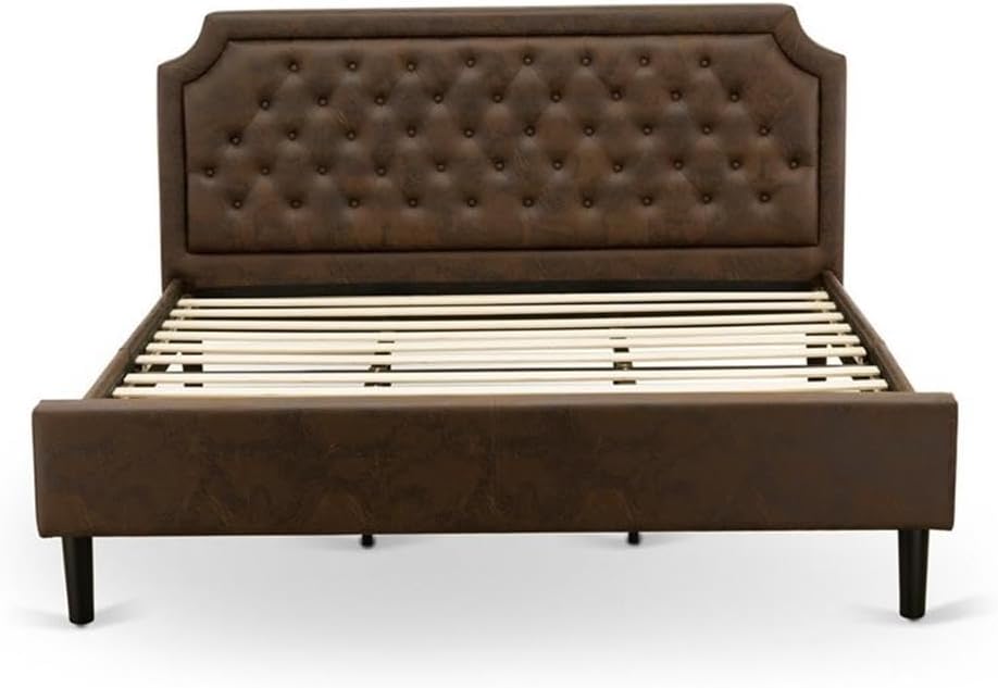 East West Furniture GB25K-1VL06 2-Piece Granbury King Bedroom Furniture set with Button Tufted King Bed and 1 Modern End Table - Dark Brown faux Leather, Wire Brushed Black Finish