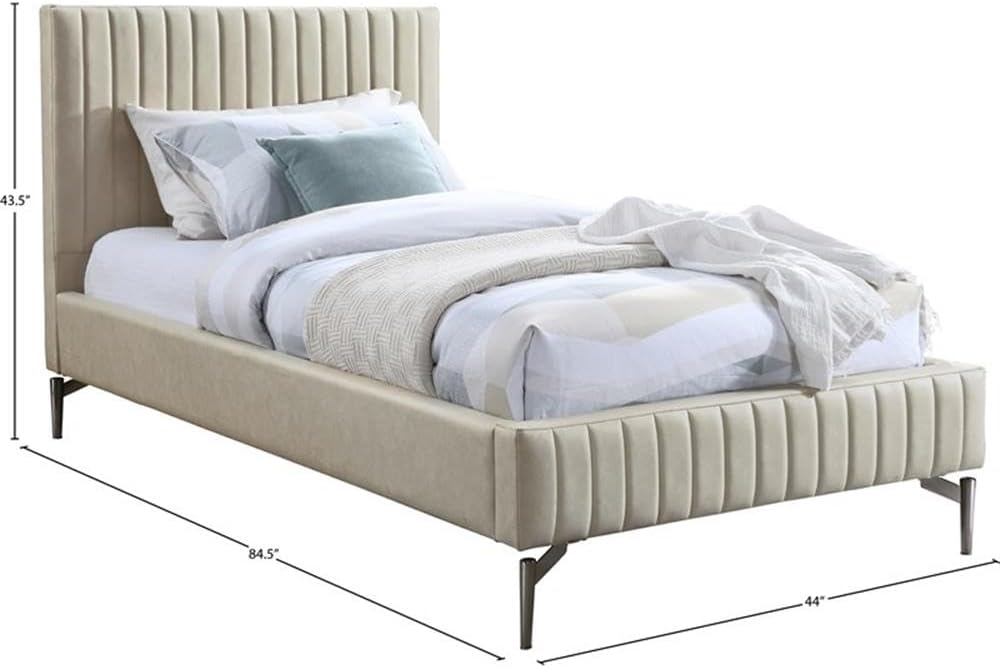 Meridian Furniture GalloBeige-T Gallo Collection Modern | Contemporary Twin Bed with Soft Beige Vegan Leather, Deep Channel Tufting and Black Metal Legs, 44' W x 84.5' D x 43.5' H, Beige, Twin