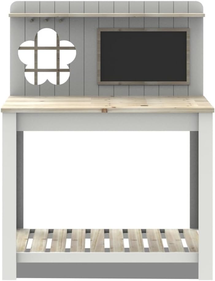 Solid Wood Potting Bench, 2 Tier Potting Table with Sink and Hooks, Outdoor Potting Bench for Garden, Yard, Balcony, Garden Table with Storage, Gardening Bench with Blackboard(Gray)