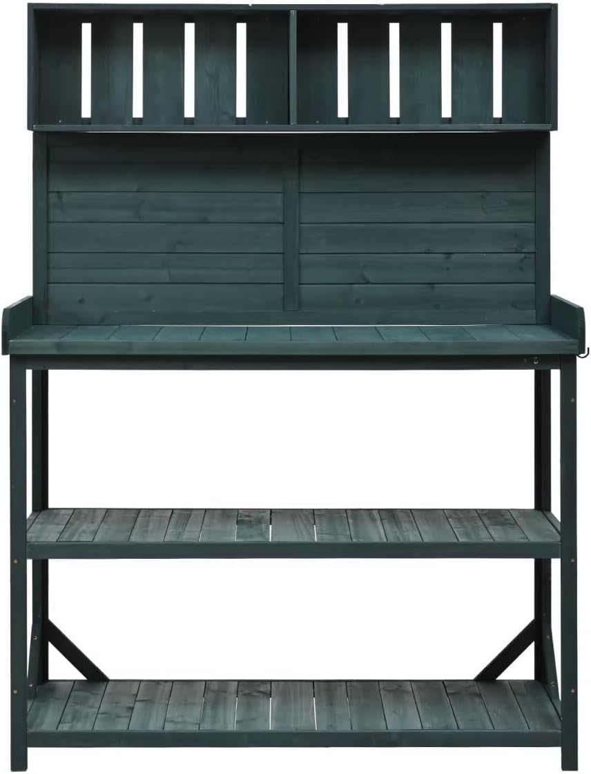 JIJIWANG 65' Large Wooden Farmhouse Rustic Outdoor Potting Bench Table, Patio Workstation, Garden Potting Bench with 4 Storage Shelves and Side Hook, Forest Green