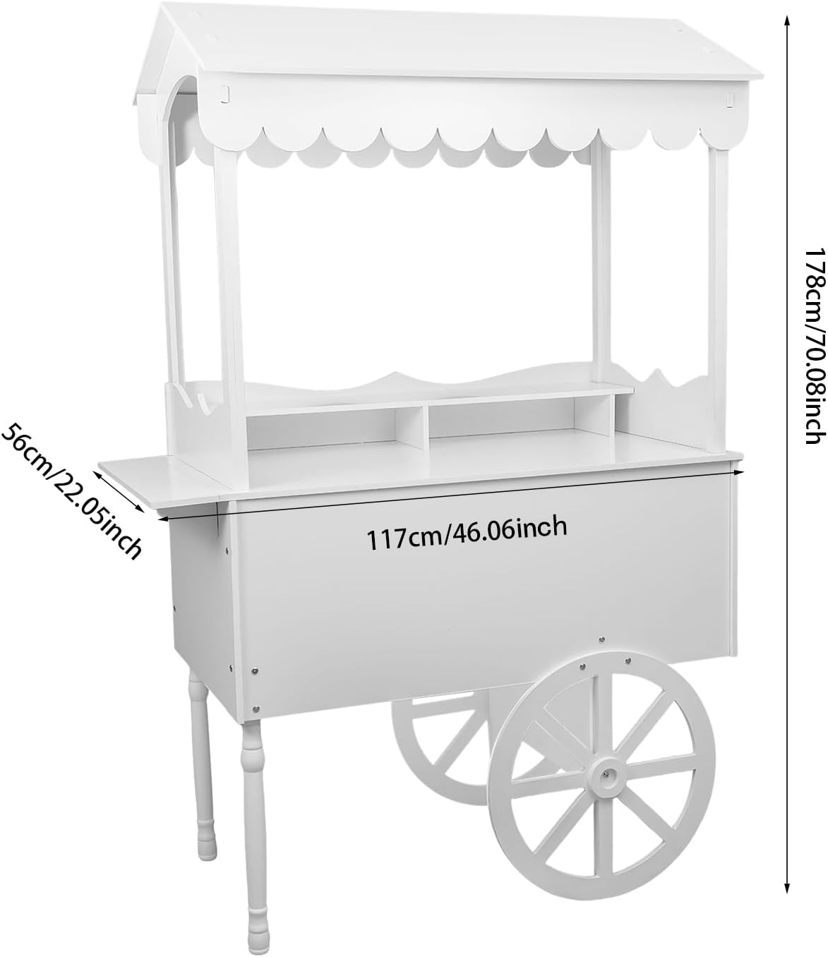 Large Country Market Wooden Rolling Table Cart, Antique Solid Wood Decor Display Rack Cart with Wheels, Rolling Table Carts for Display Various Flowers and Candy (White-1)