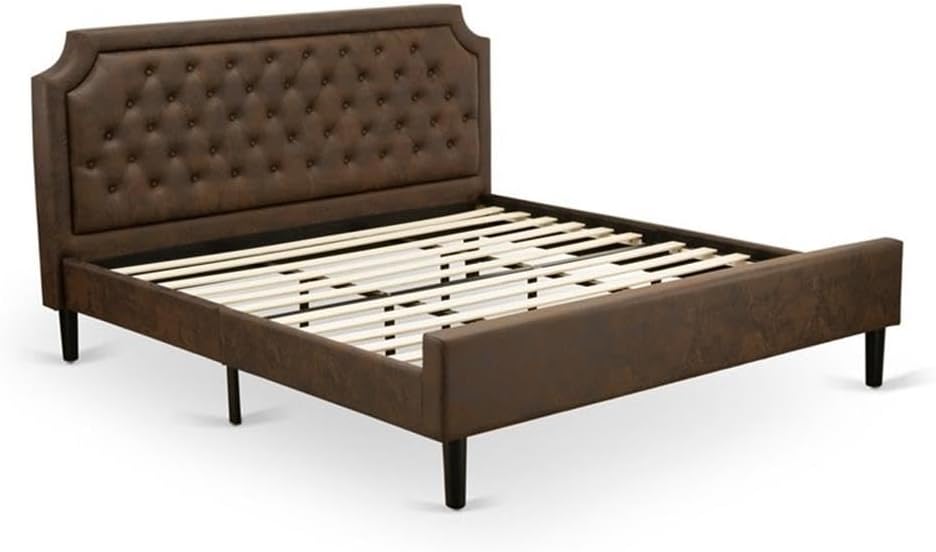 East West Furniture GB25K-1VL06 2-Piece Granbury King Bedroom Furniture set with Button Tufted King Bed and 1 Modern End Table - Dark Brown faux Leather, Wire Brushed Black Finish
